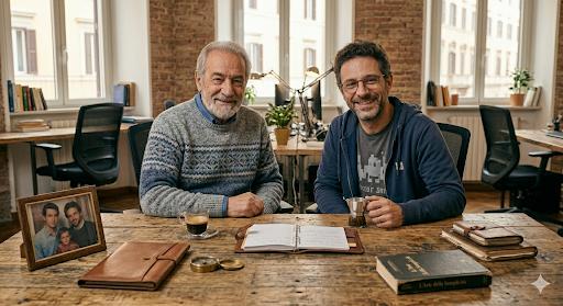 Federico e Matteo seduti allo stesso tavolo