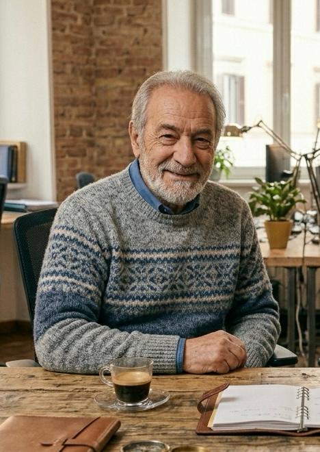 Matteo seduto a un tavolo con un caffe