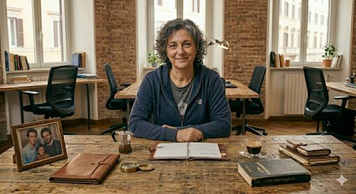 Rachele seduta a un tavolo con libri e caffe