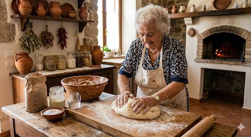 Zia Rosina prepara il pane in cucina