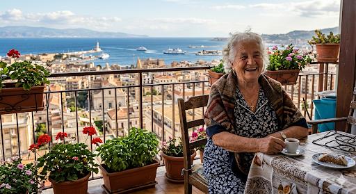 Zia Rosina su un balcone con il mare di Messina sullo sfondo